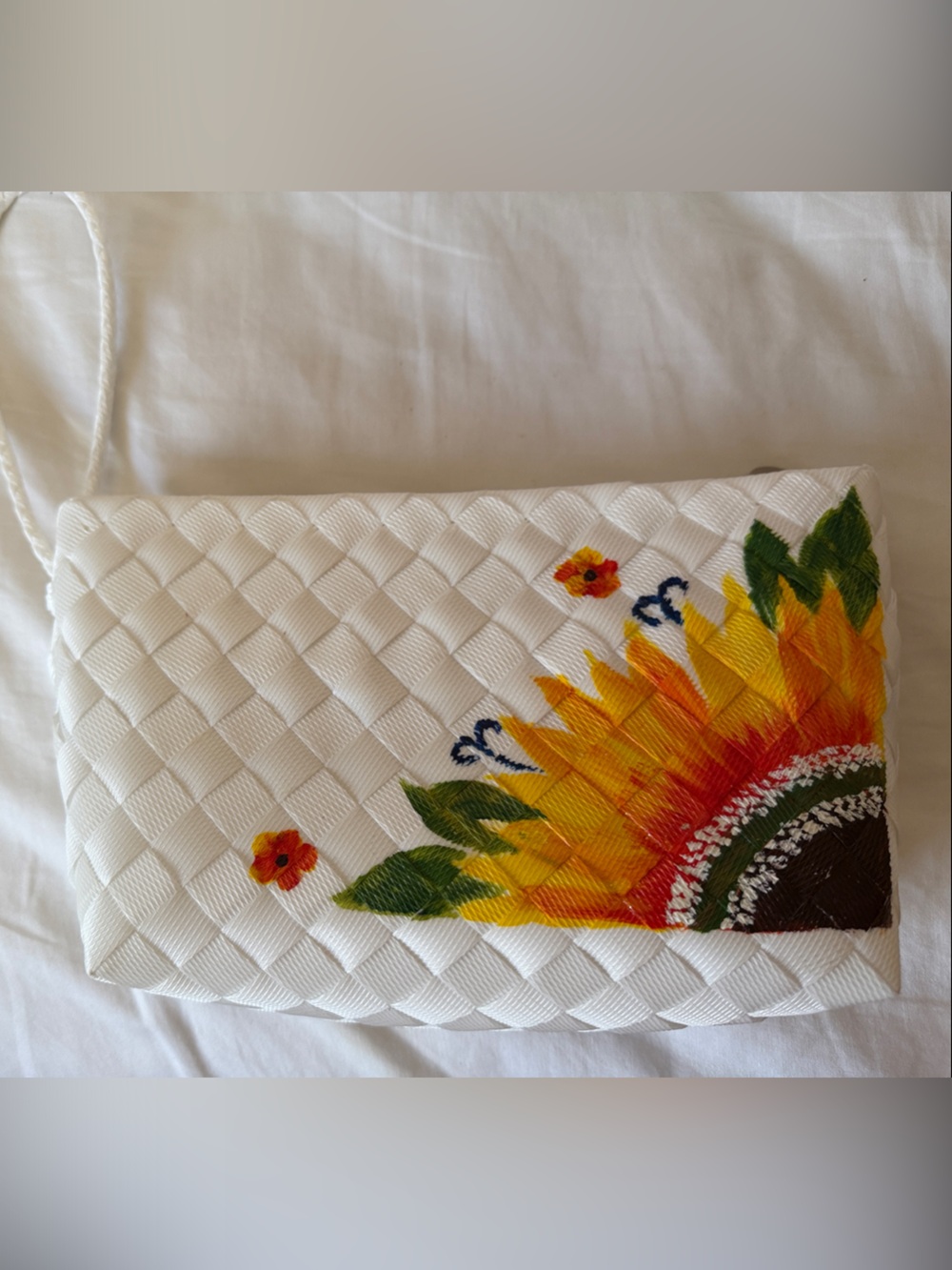 White Woven Recycled Plastic Wristlet Clutch with Hand-Painted Sunflower